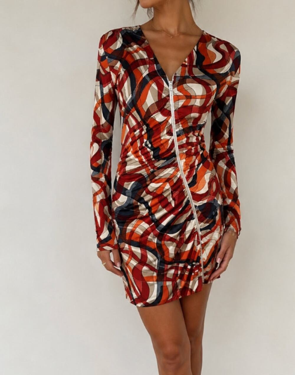 Chula Abstract Wave Print Long-Sleeve Dress - Size 8